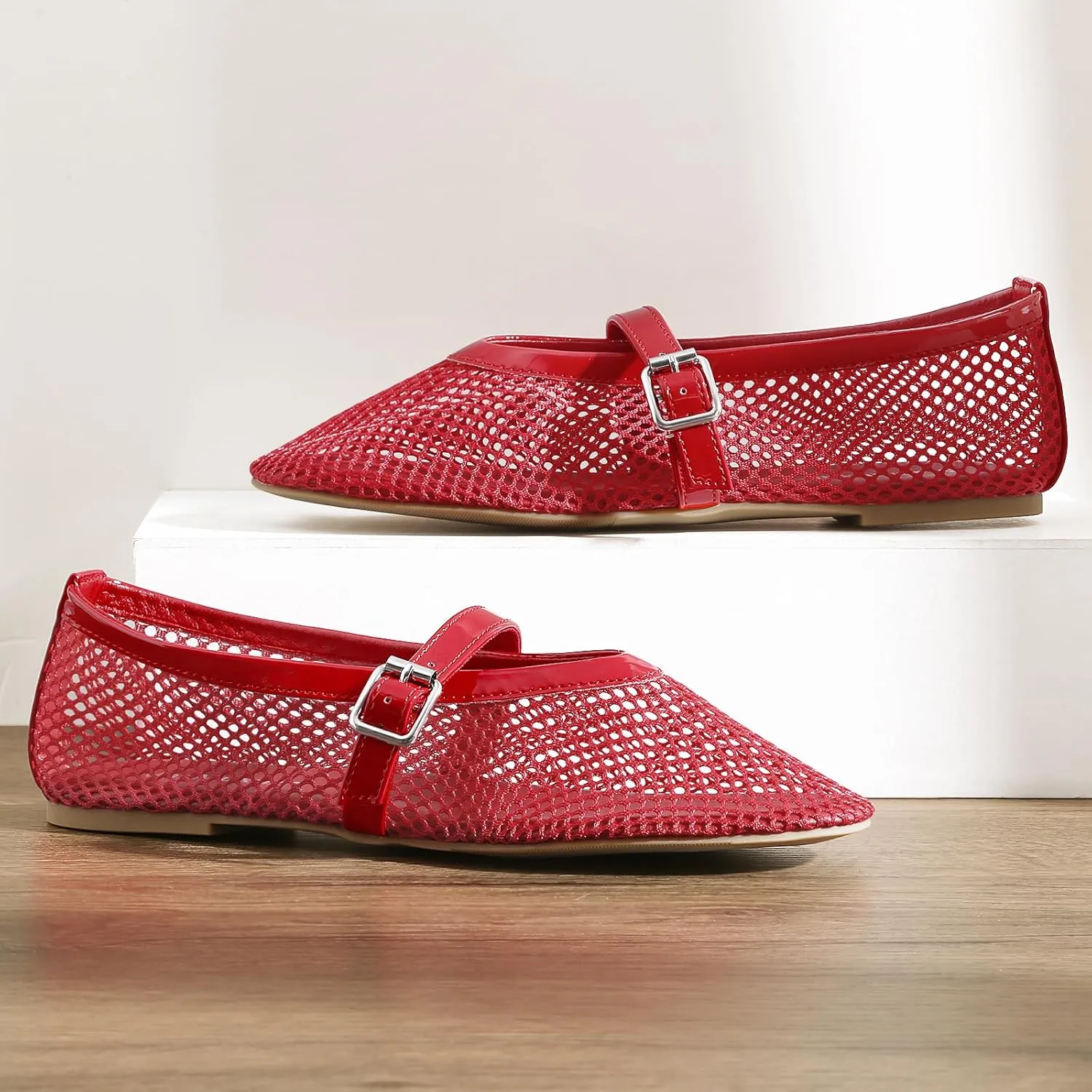 MaxMuxun Women's Flats Mesh Ballet Flats Round Toe Buckle Strap Comfortable Causal Dress Flats Shoes