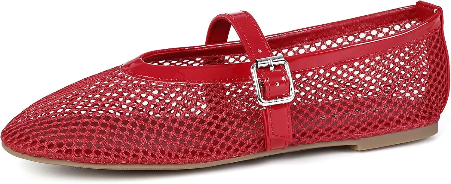 MaxMuxun Women's Flats Mesh Ballet Flats Round Toe Buckle Strap Comfortable Causal Dress Flats Shoes