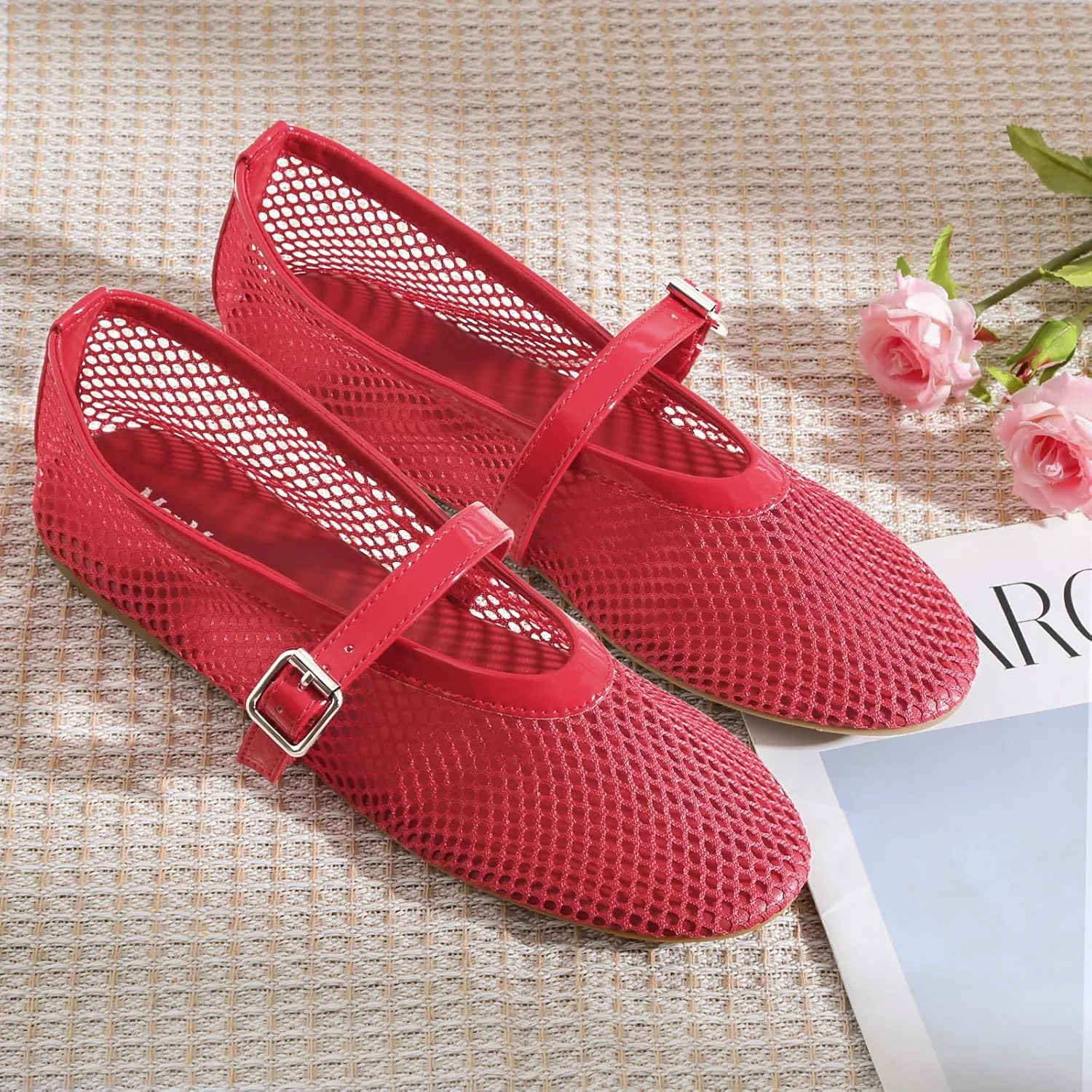 MaxMuxun Women's Flats Mesh Ballet Flats Round Toe Buckle Strap Comfortable Causal Dress Flats Shoes