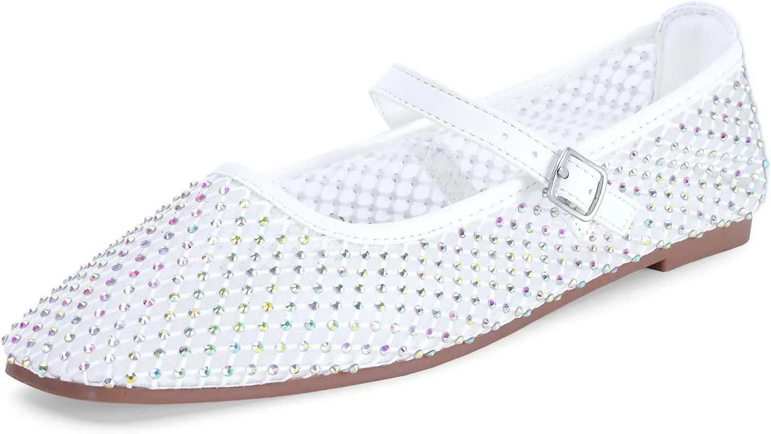 mazeskin Womens Mesh Memory Foam Ballet Flats Square Toe Shoes Ladies Comfortable Buckle Strap Ballerina Shoes with Rhinestone