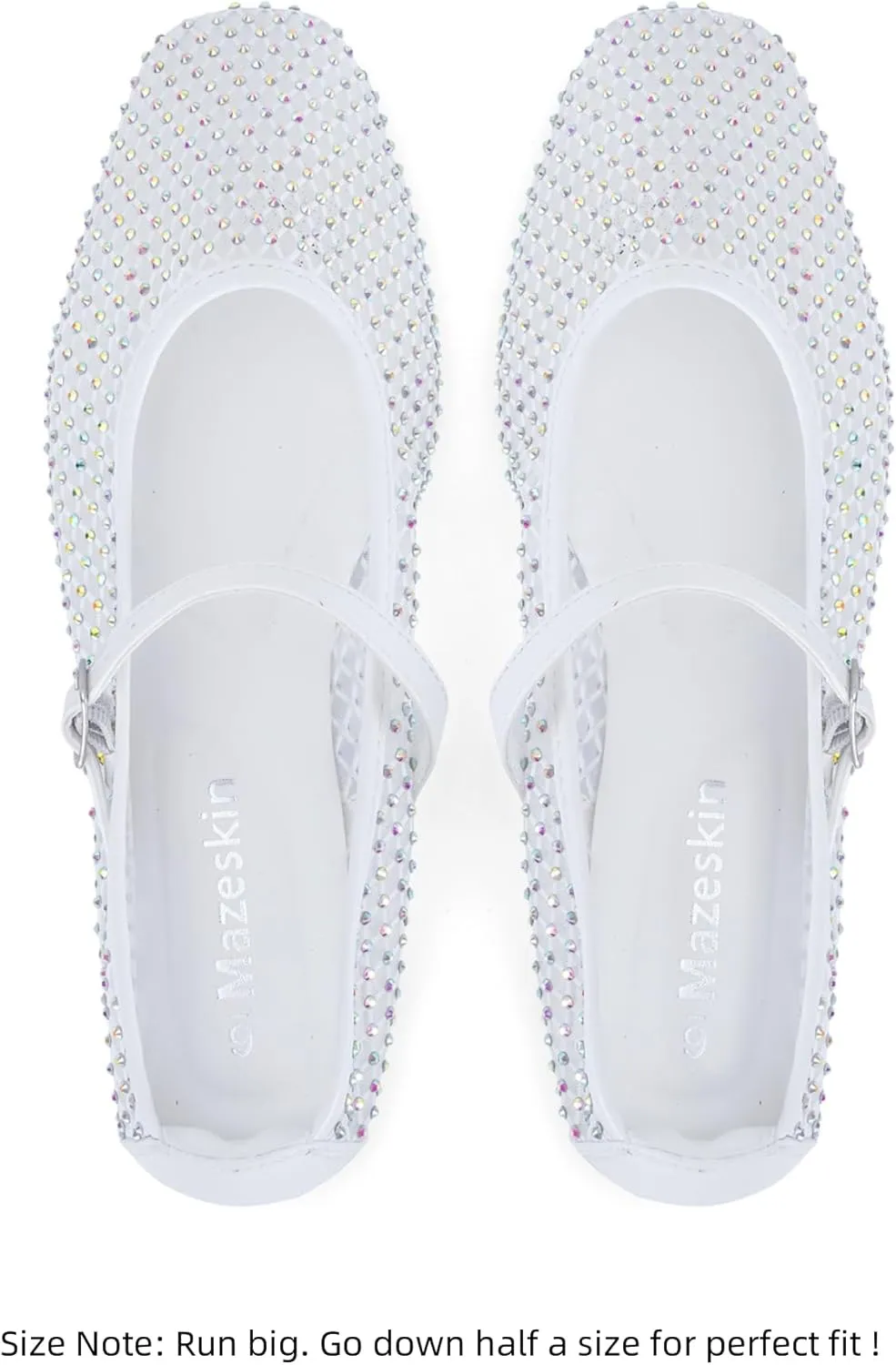 mazeskin Womens Mesh Memory Foam Ballet Flats Square Toe Shoes Ladies Comfortable Buckle Strap Ballerina Shoes with Rhinestone