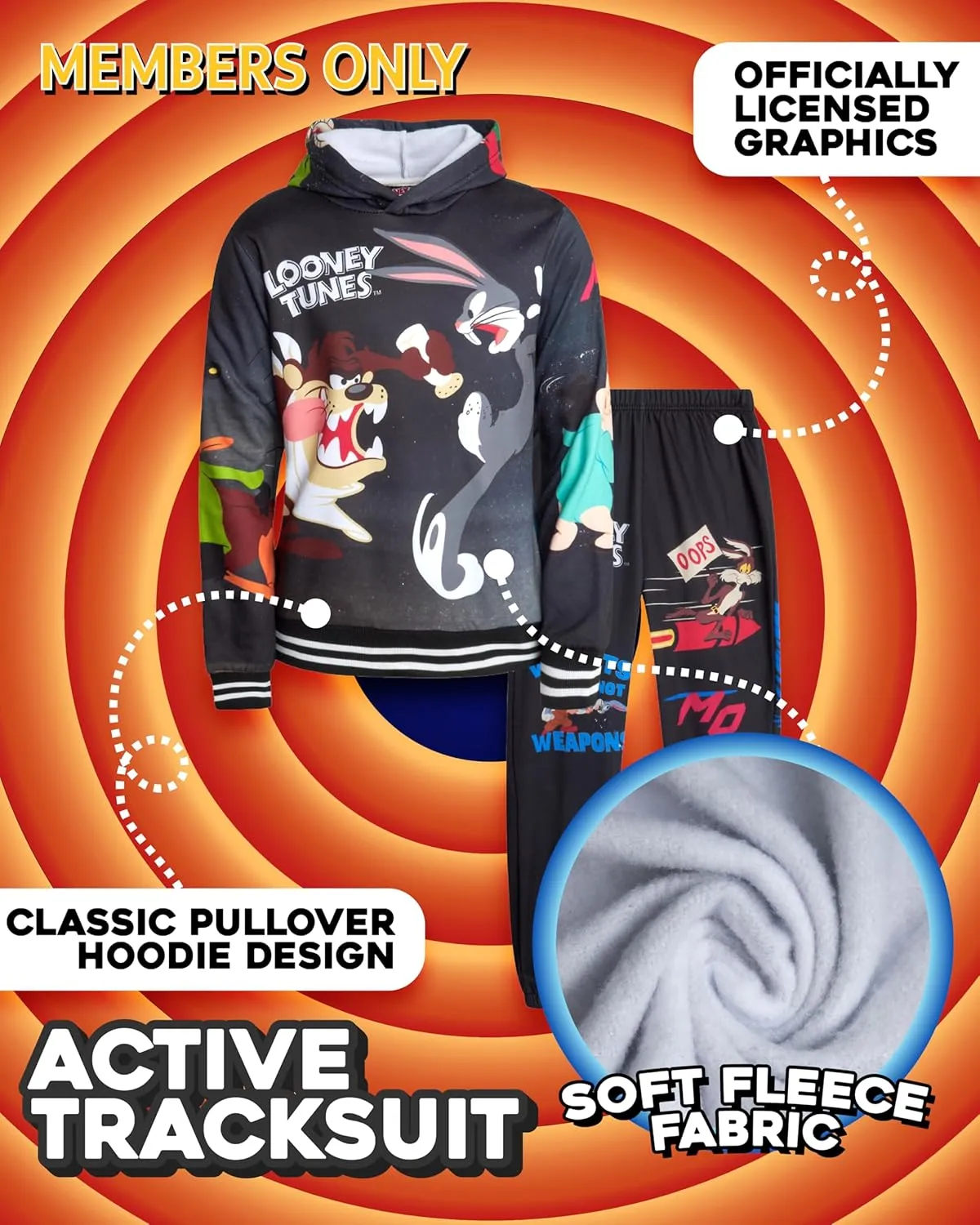 Members Only Boys' Active Tracksuit Set - 2 Piece Looney Tunes, Marvin, Tom & Jerry Fleece Hoodie and Sweatpants (Size: 4-18)