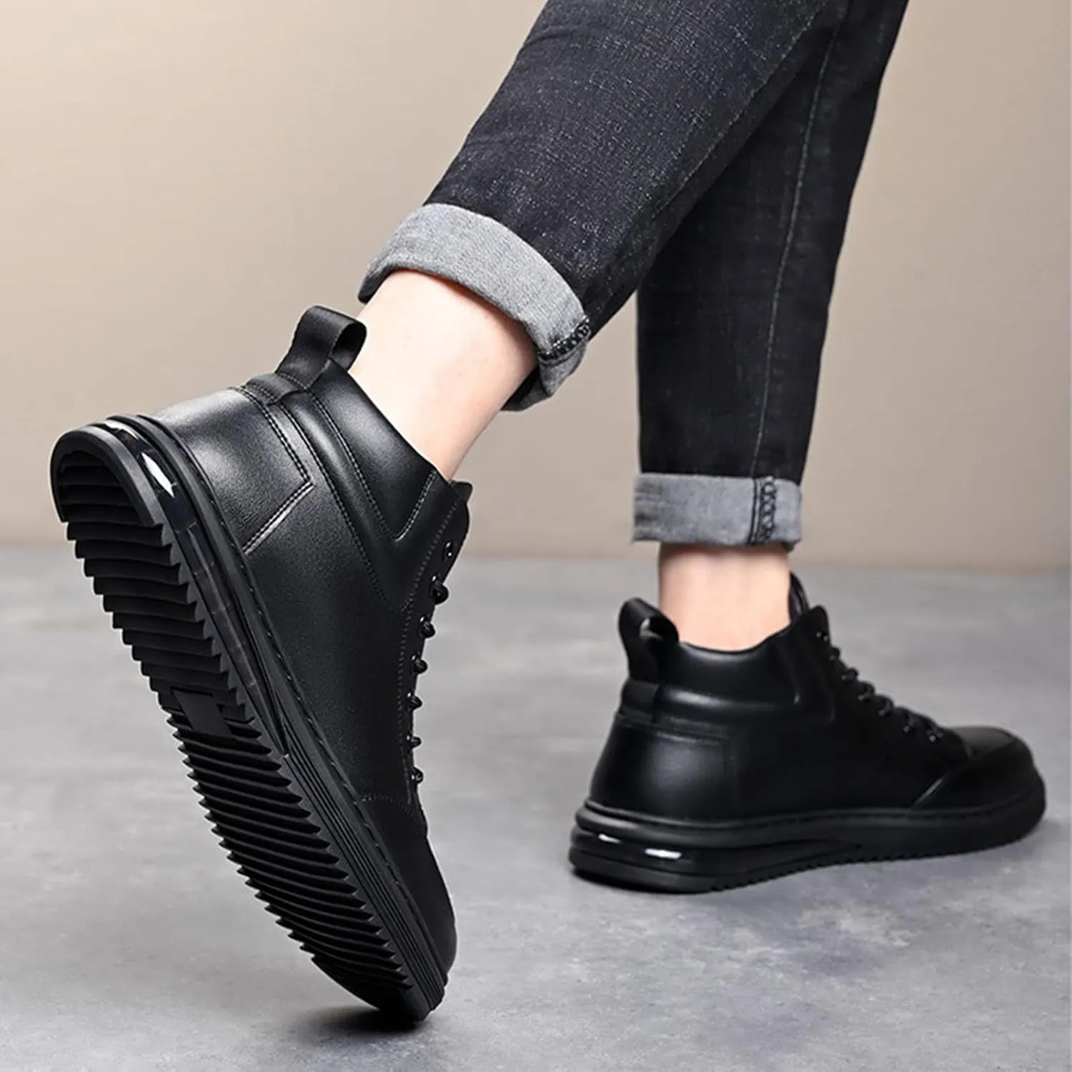 Men's Black Casual Cowhide Air Cushion Shoes,Fall Winter Mid-top Lace-up Softsole Ankle Boots Fashion Sneakers