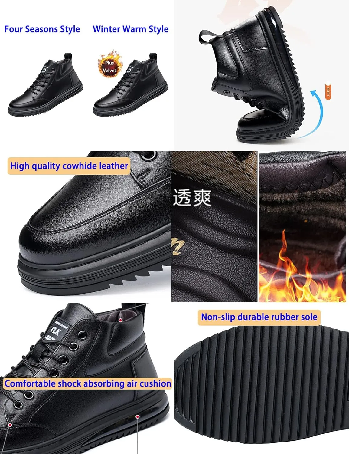 Men's Black Casual Cowhide Air Cushion Shoes,Fall Winter Mid-top Lace-up Softsole Ankle Boots Fashion Sneakers