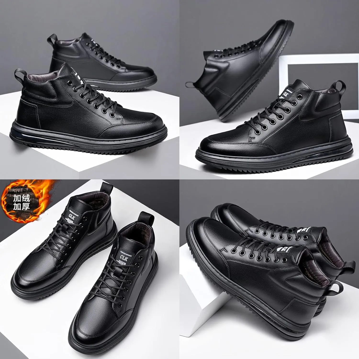 Men's Black Casual Cowhide Air Cushion Shoes,Fall Winter Mid-top Lace-up Softsole Ankle Boots Fashion Sneakers