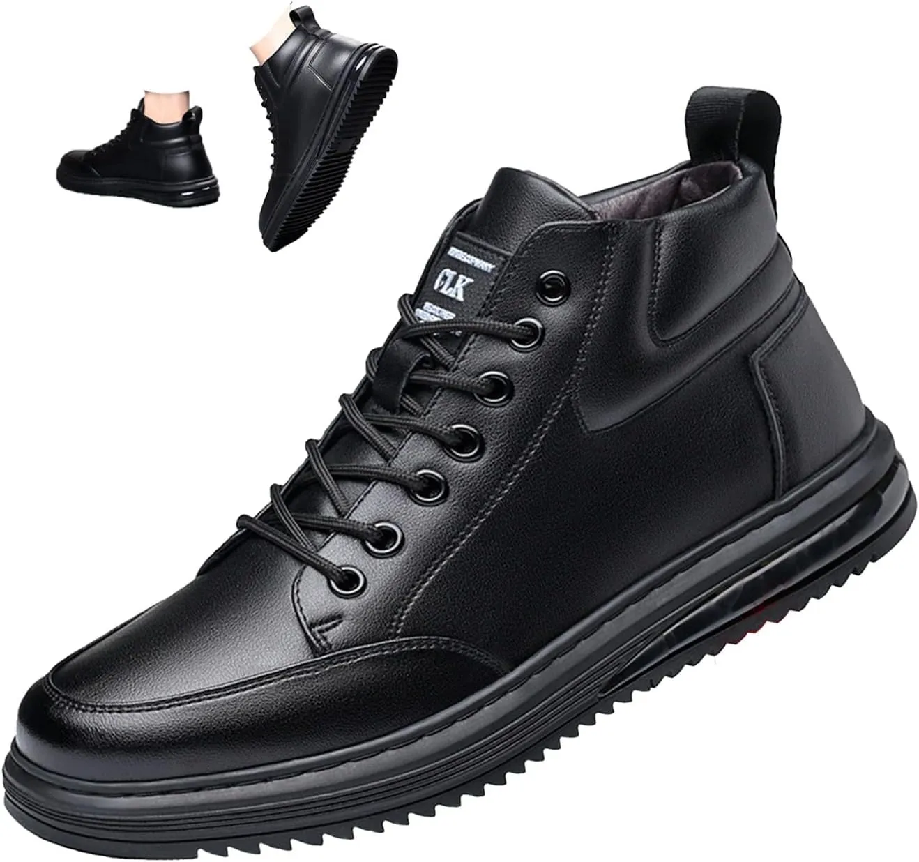 Men's Black Casual Cowhide Air Cushion Shoes,Fall Winter Mid-top Lace-up Softsole Ankle Boots Fashion Sneakers