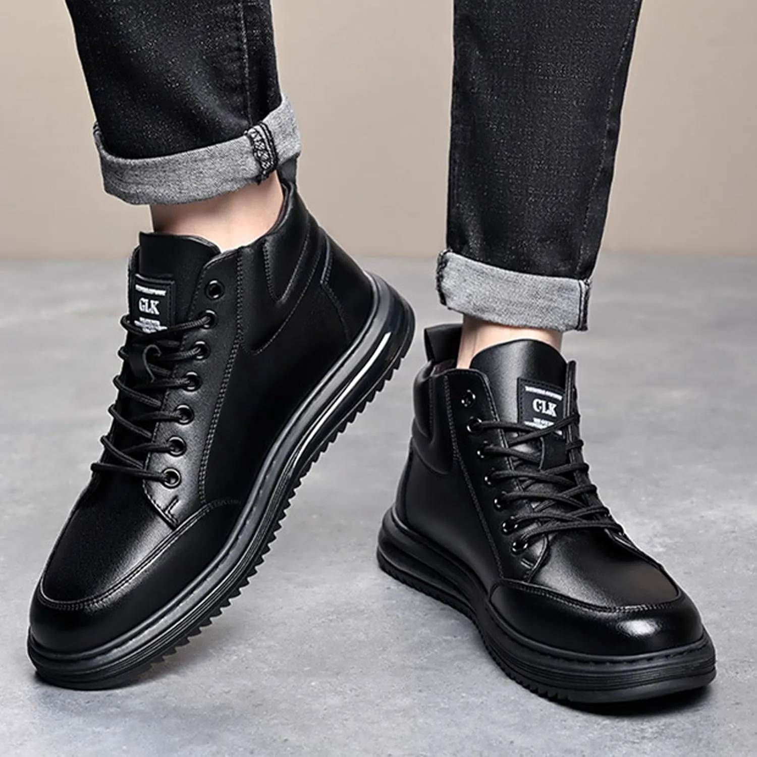 Men's Black Casual Cowhide Air Cushion Shoes,Fall Winter Mid-top Lace-up Softsole Ankle Boots Fashion Sneakers
