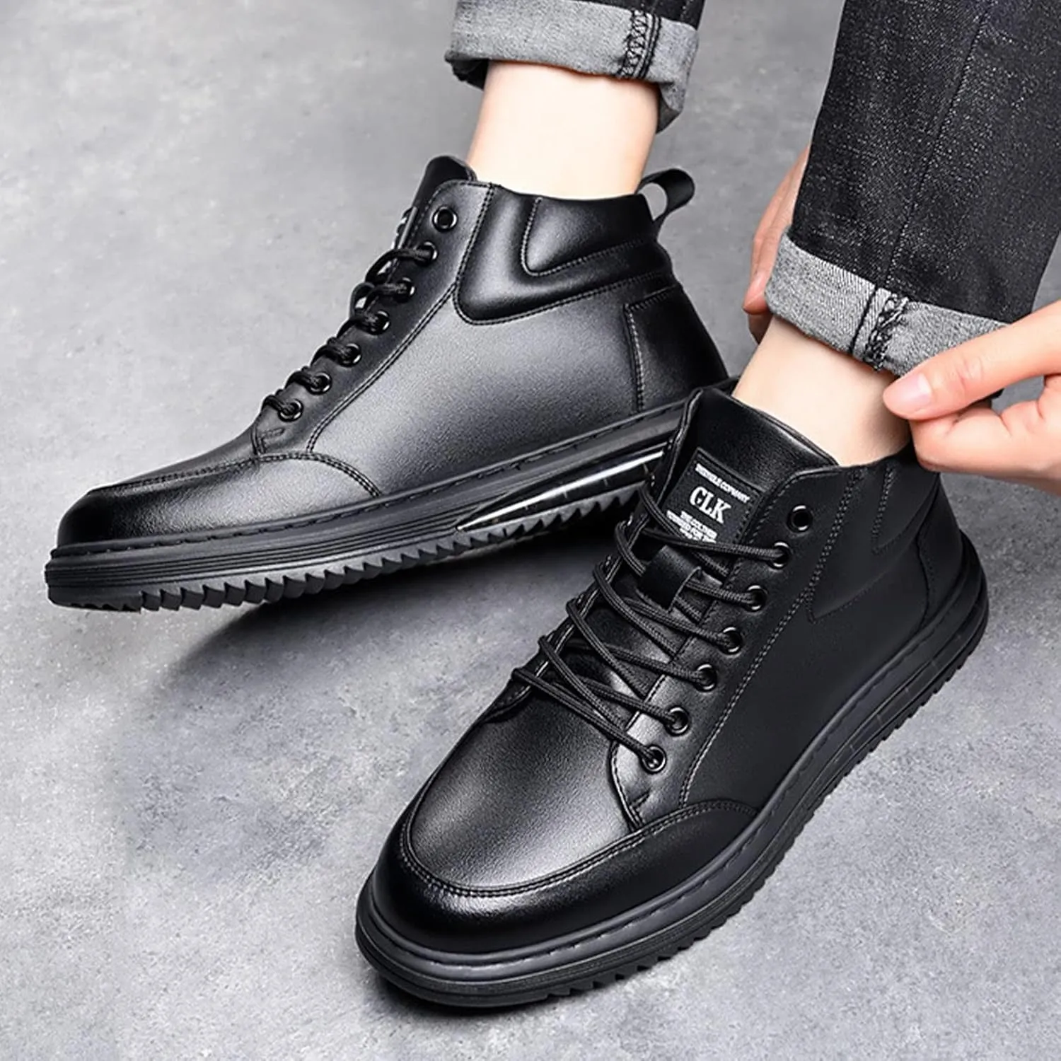 Men's Black Casual Cowhide Air Cushion Shoes,Fall Winter Mid-top Lace-up Softsole Ankle Boots Fashion Sneakers