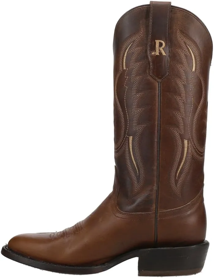 Mens Cowhide Embroidered Round Toe Western Cowboy Boots Mid Calf - Brown