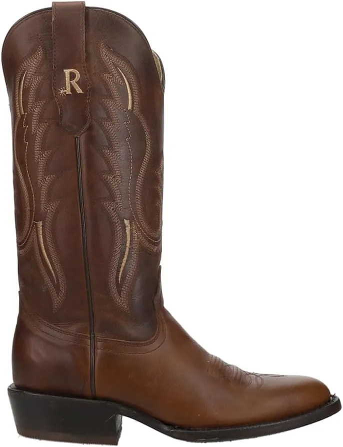 Mens Cowhide Embroidered Round Toe Western Cowboy Boots Mid Calf - Brown