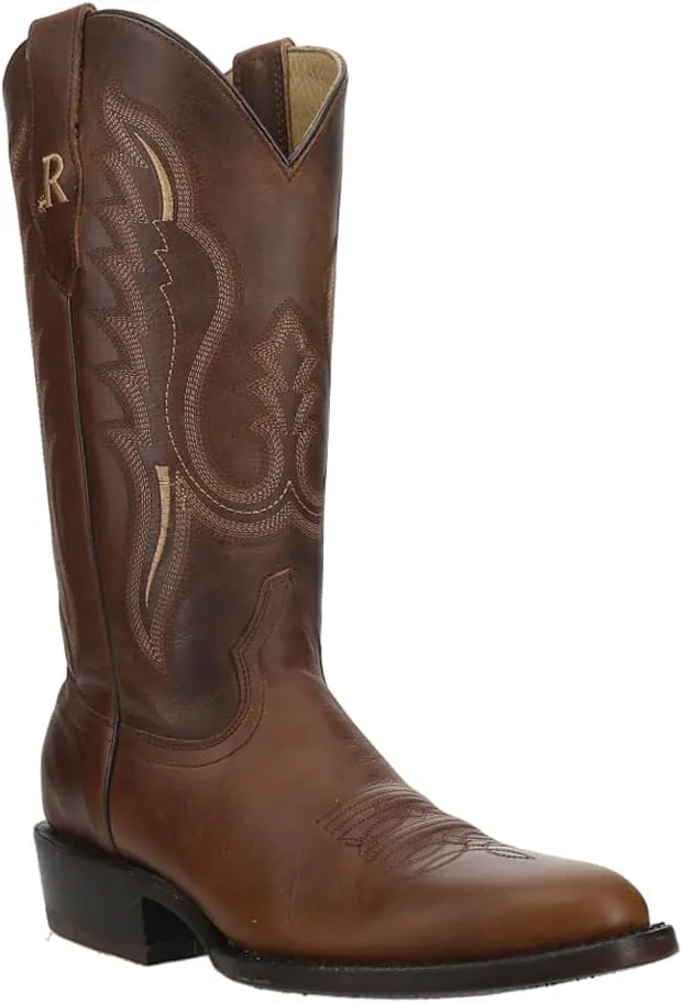 Mens Cowhide Embroidered Round Toe Western Cowboy Boots Mid Calf - Brown