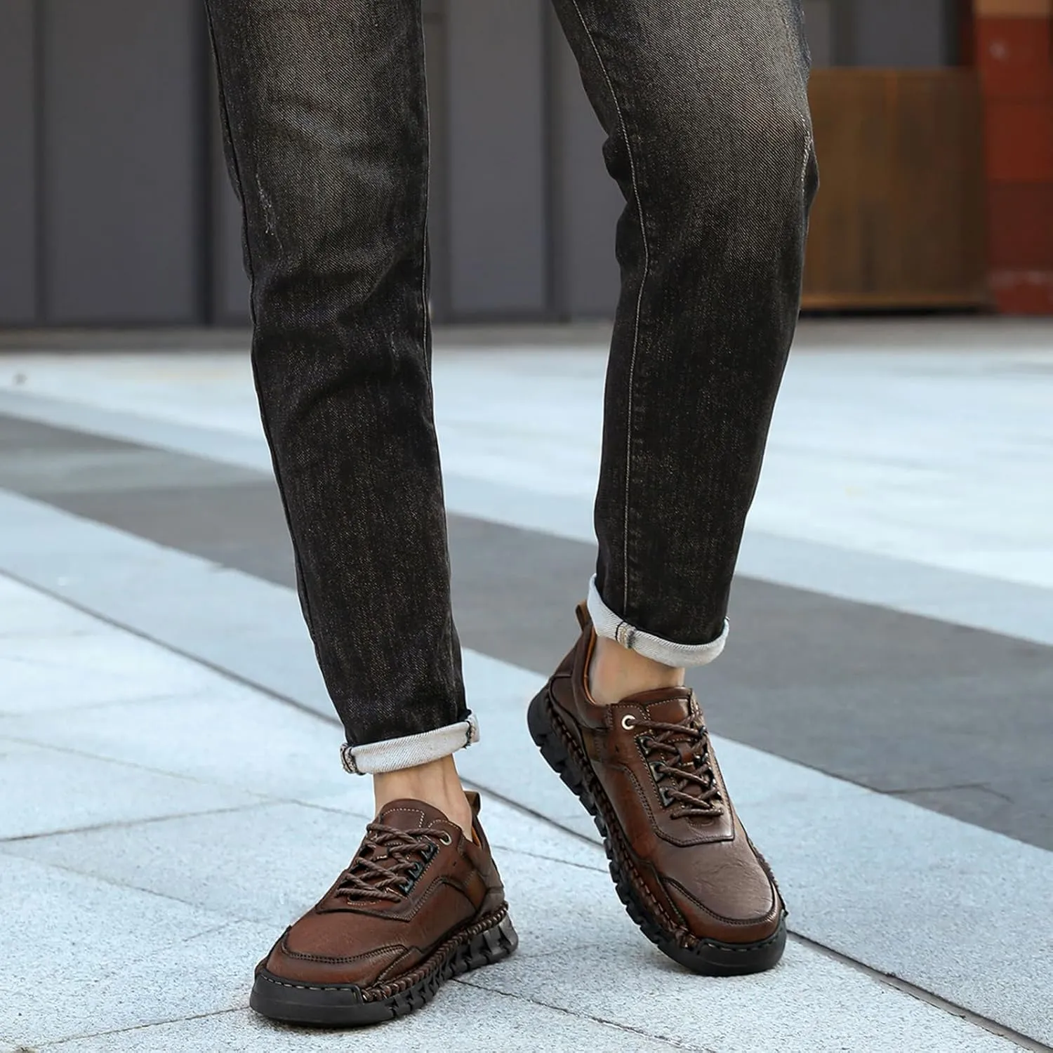 Men's Genuine Leather Lace Up Casual Loafers Handmade Stitching Round Toe Soft Sole Outdoor Fashion Sneakers Comfortable Lightweight Dress Walking Shoes for Driving Business Working