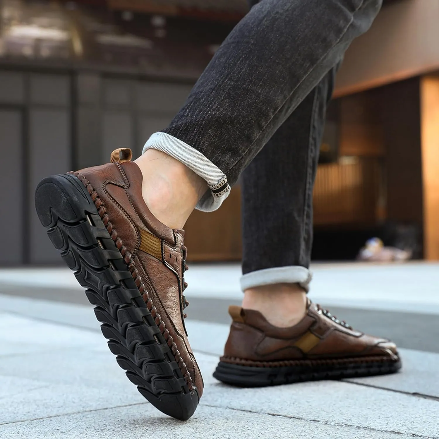 Men's Genuine Leather Lace Up Casual Loafers Handmade Stitching Round Toe Soft Sole Outdoor Fashion Sneakers Comfortable Lightweight Dress Walking Shoes for Driving Business Working