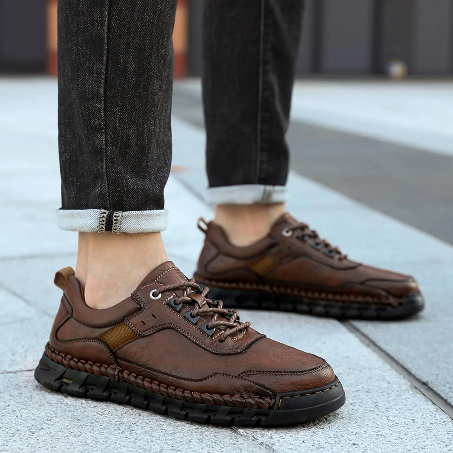 Men's Genuine Leather Lace Up Casual Loafers Handmade Stitching Round Toe Soft Sole Outdoor Fashion Sneakers Comfortable Lightweight Dress Walking Shoes for Driving Business Working