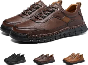 Men's Genuine Leather Lace Up Casual Loafers Handmade Stitching Round Toe Soft Sole Outdoor Fashion Sneakers Comfortable Lightweight Dress Walking Shoes for Driving Business Working