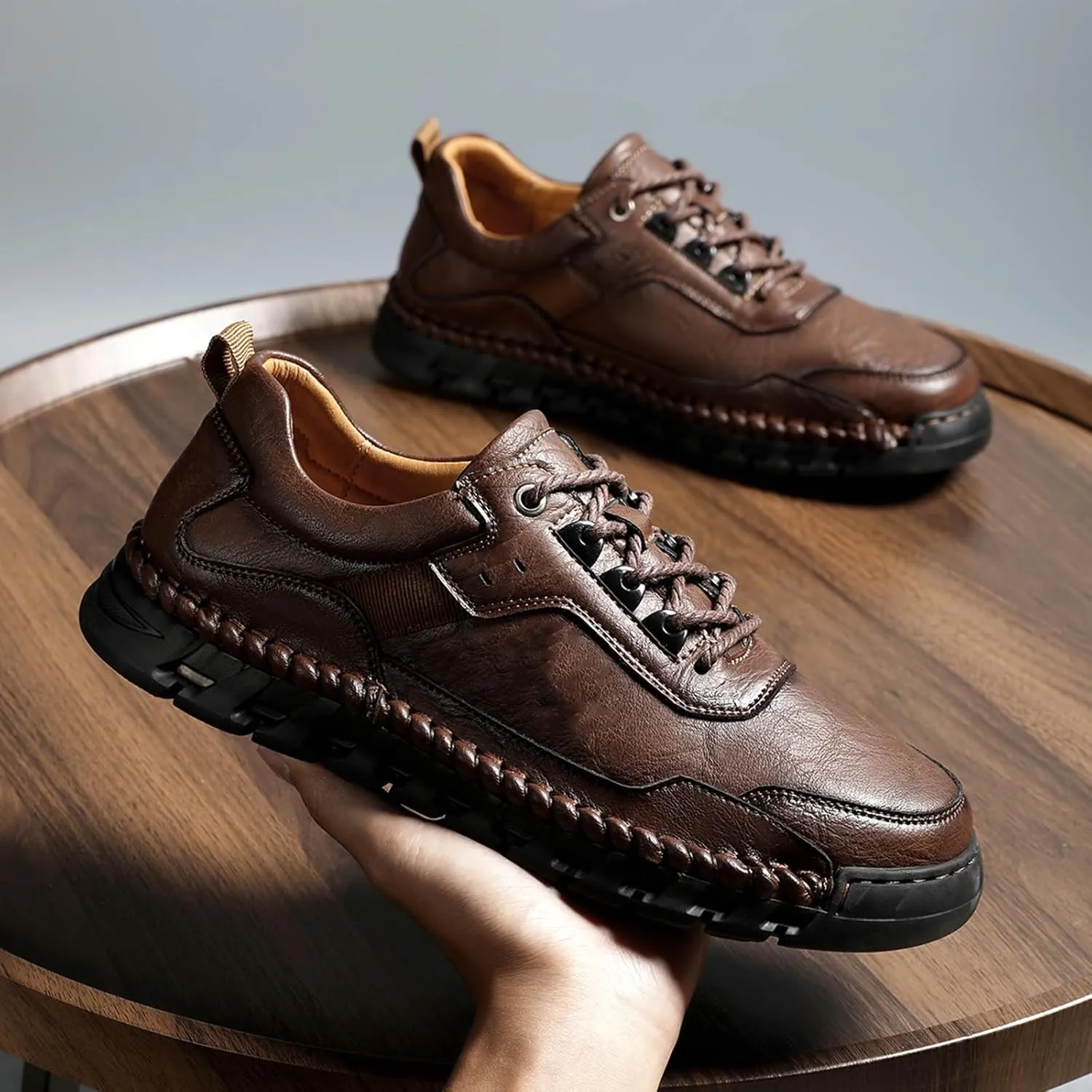 Men's Genuine Leather Lace Up Casual Loafers Handmade Stitching Round Toe Soft Sole Outdoor Fashion Sneakers Comfortable Lightweight Dress Walking Shoes for Driving Business Working