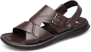 Mens Leather Cross Strap Sandals, Summer Cowhide Open Toe Beach Slippers, Outdoor Concave and Convex Anti-skid Texture Walking Sandals