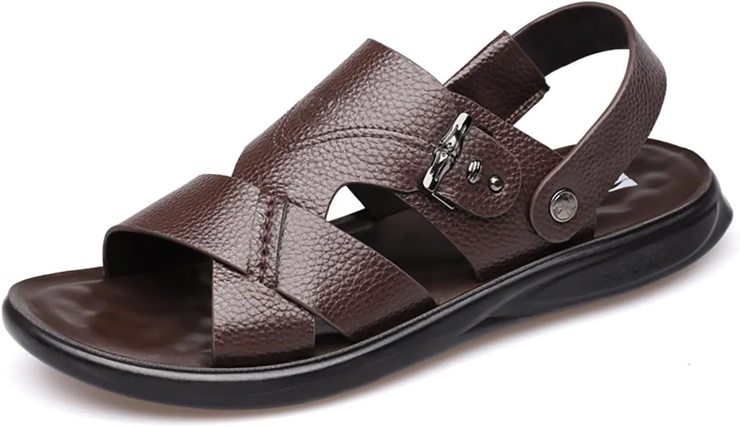 Mens Leather Cross Strap Sandals, Summer Cowhide Open Toe Beach Slippers, Outdoor Concave and Convex Anti-skid Texture Walking Sandals