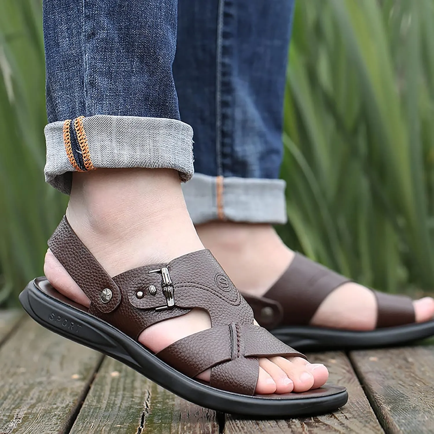 Mens Leather Cross Strap Sandals, Summer Cowhide Open Toe Beach Slippers, Outdoor Concave and Convex Anti-skid Texture Walking Sandals