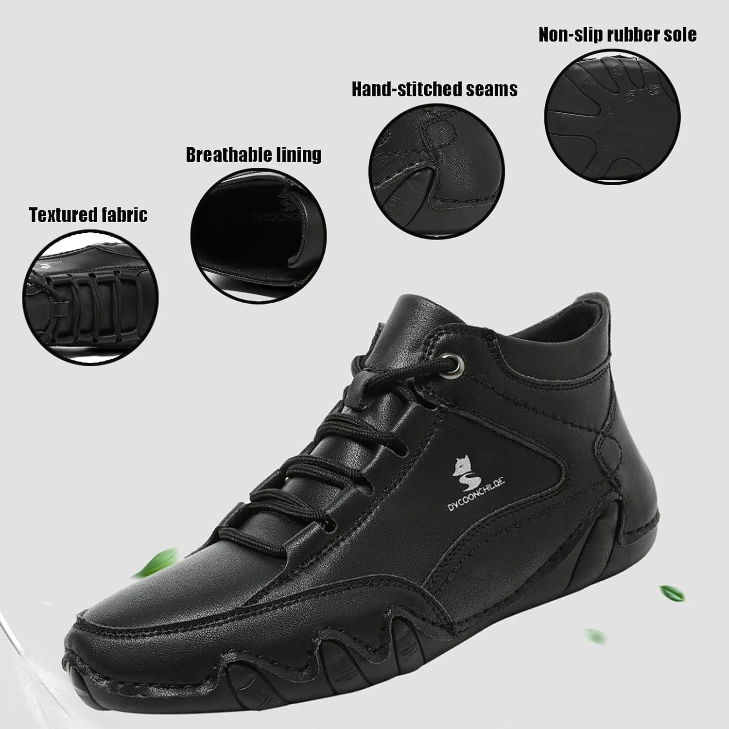 Mens Leather Hand Sewn Casual Chukka Ankle Boots Classic Round Toe Lace Up High Top Work Driving Sneakers Daily Lightweight Non-Slip Walking Shoes