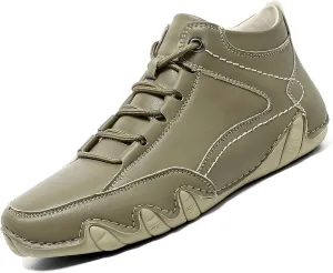 Mens Leather Hand Sewn Casual Chukka Ankle Boots Classic Round Toe Lace Up High Top Work Driving Sneakers Daily Lightweight Non-Slip Walking Shoes