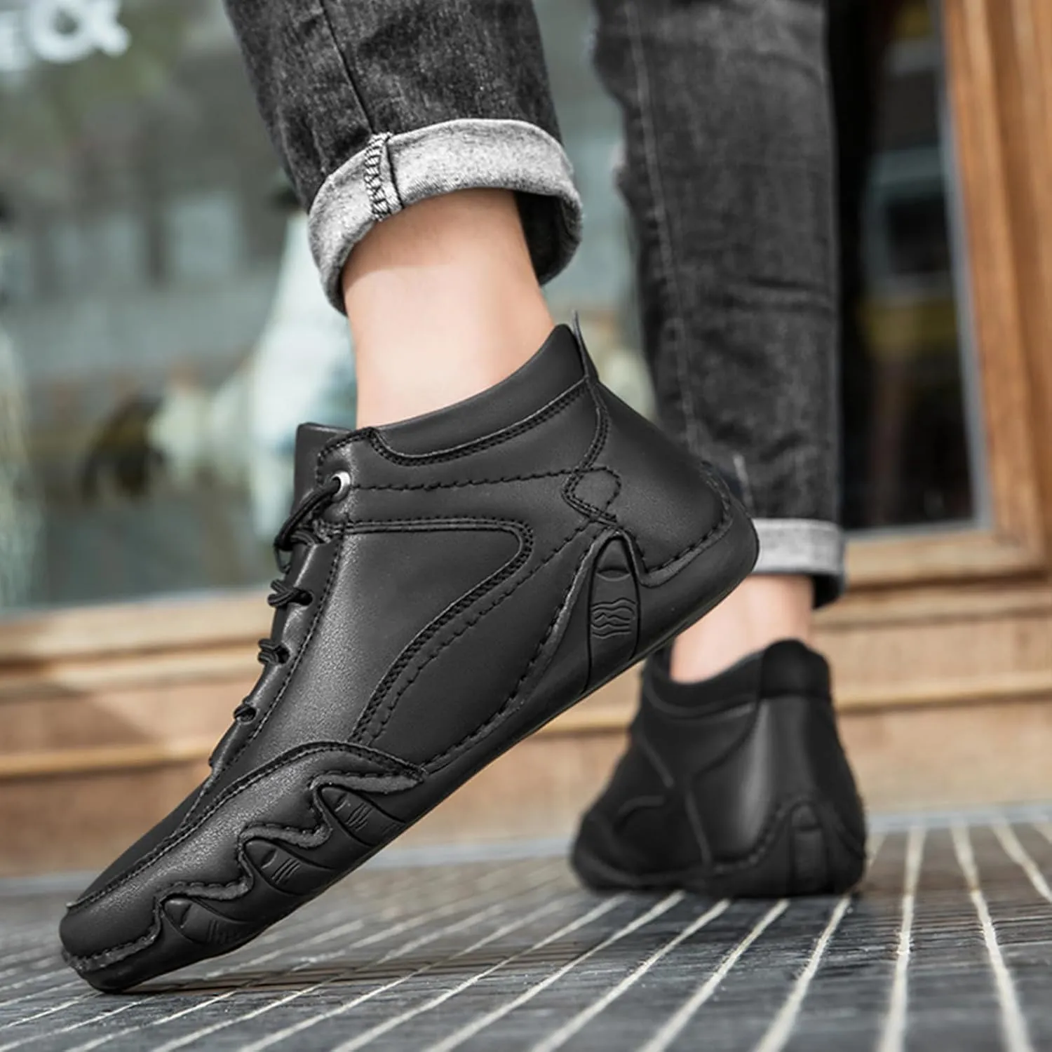 Mens Leather Hand Sewn Casual Chukka Ankle Boots Classic Round Toe Lace Up High Top Work Driving Sneakers Daily Lightweight Non-Slip Walking Shoes
