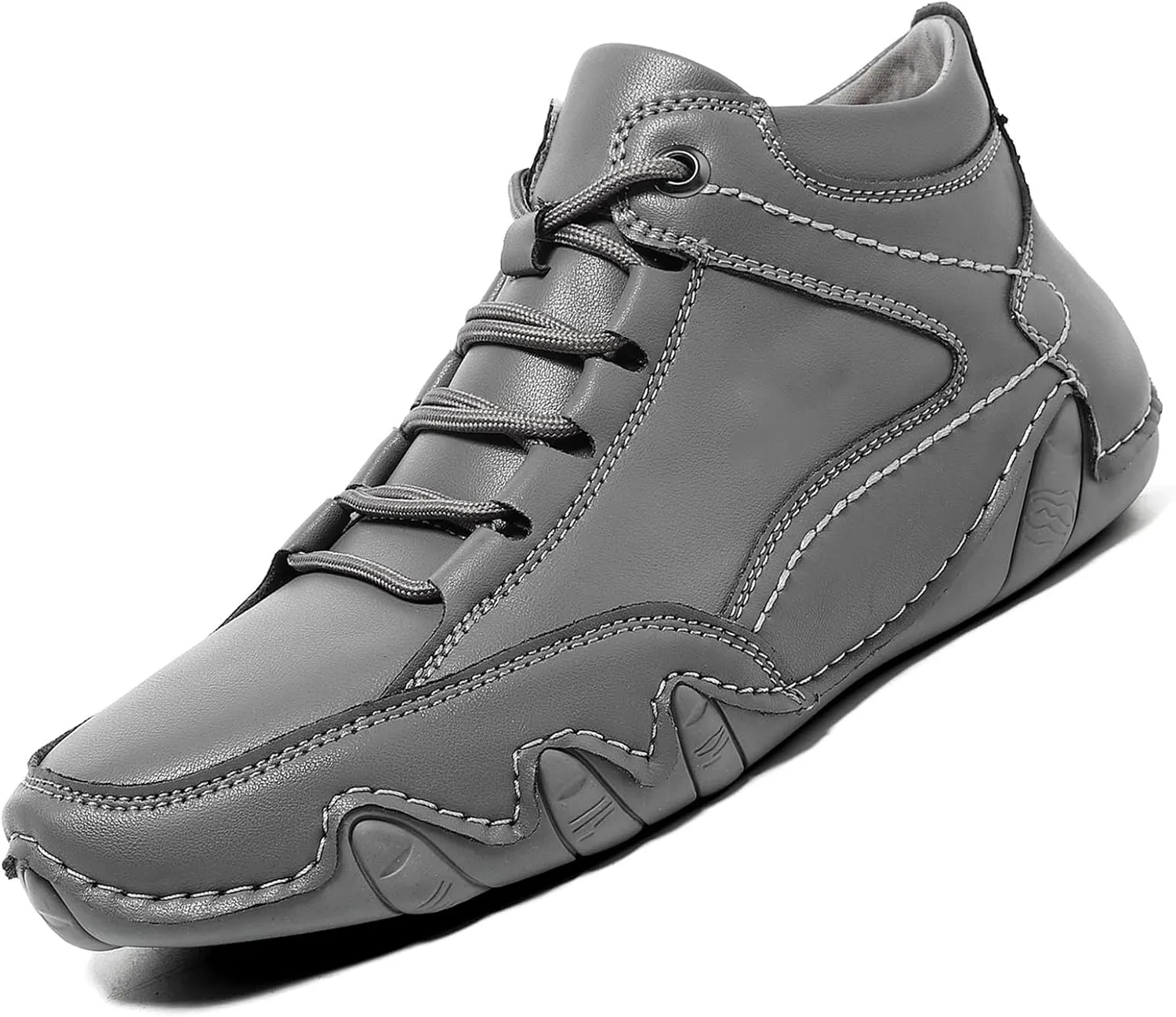 Mens Leather Hand Sewn Casual Chukka Ankle Boots Classic Round Toe Lace Up High Top Work Driving Sneakers Daily Lightweight Non-Slip Walking Shoes