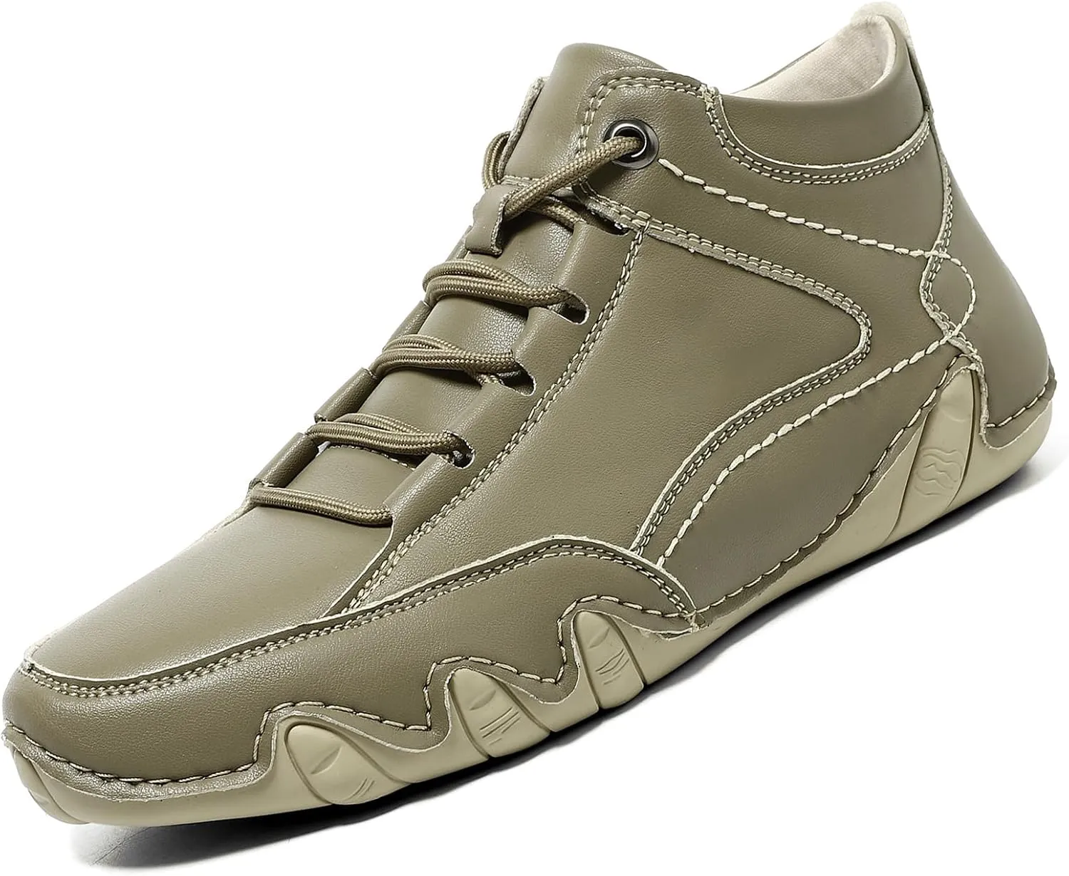 Mens Leather Hand Sewn Casual Chukka Ankle Boots Classic Round Toe Lace Up High Top Work Driving Sneakers Daily Lightweight Non-Slip Walking Shoes