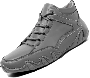 Mens Leather Hand Sewn Casual Chukka Ankle Boots Classic Round Toe Lace Up High Top Work Driving Sneakers Daily Lightweight Non-Slip Walking Shoes