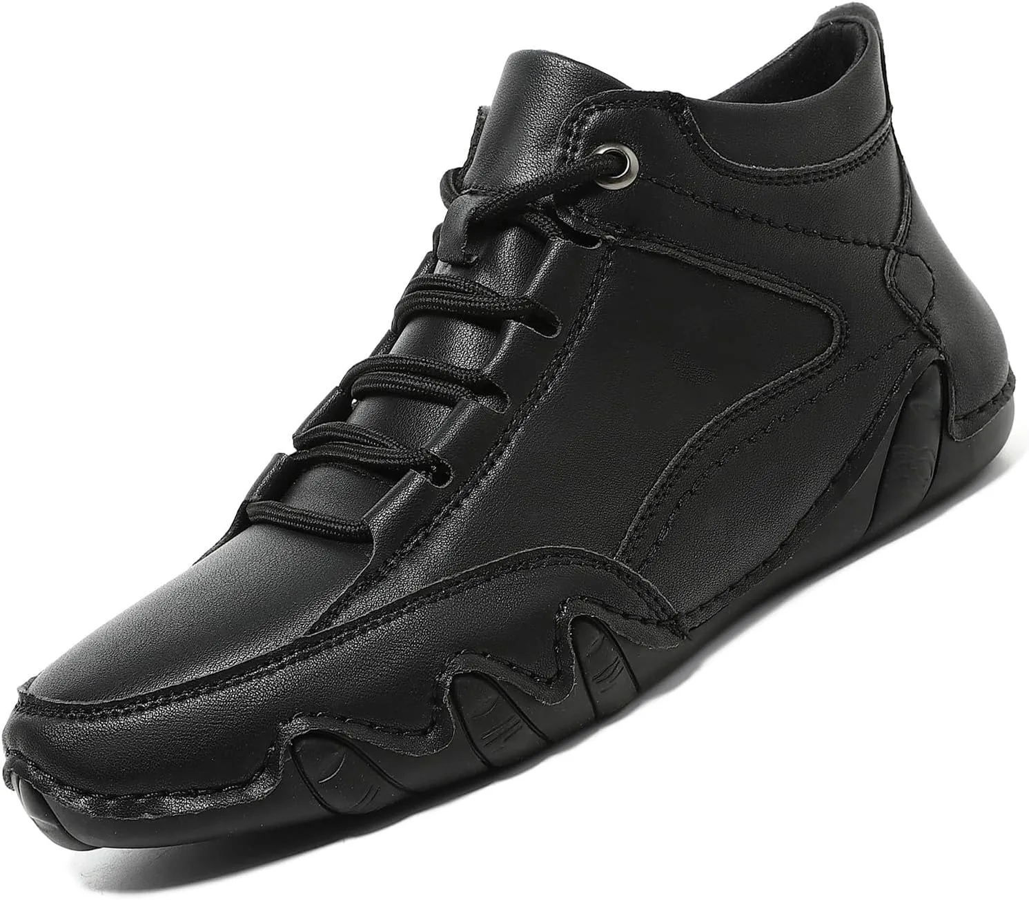 Mens Leather Hand Sewn Casual Chukka Ankle Boots Classic Round Toe Lace Up High Top Work Driving Sneakers Daily Lightweight Non-Slip Walking Shoes
