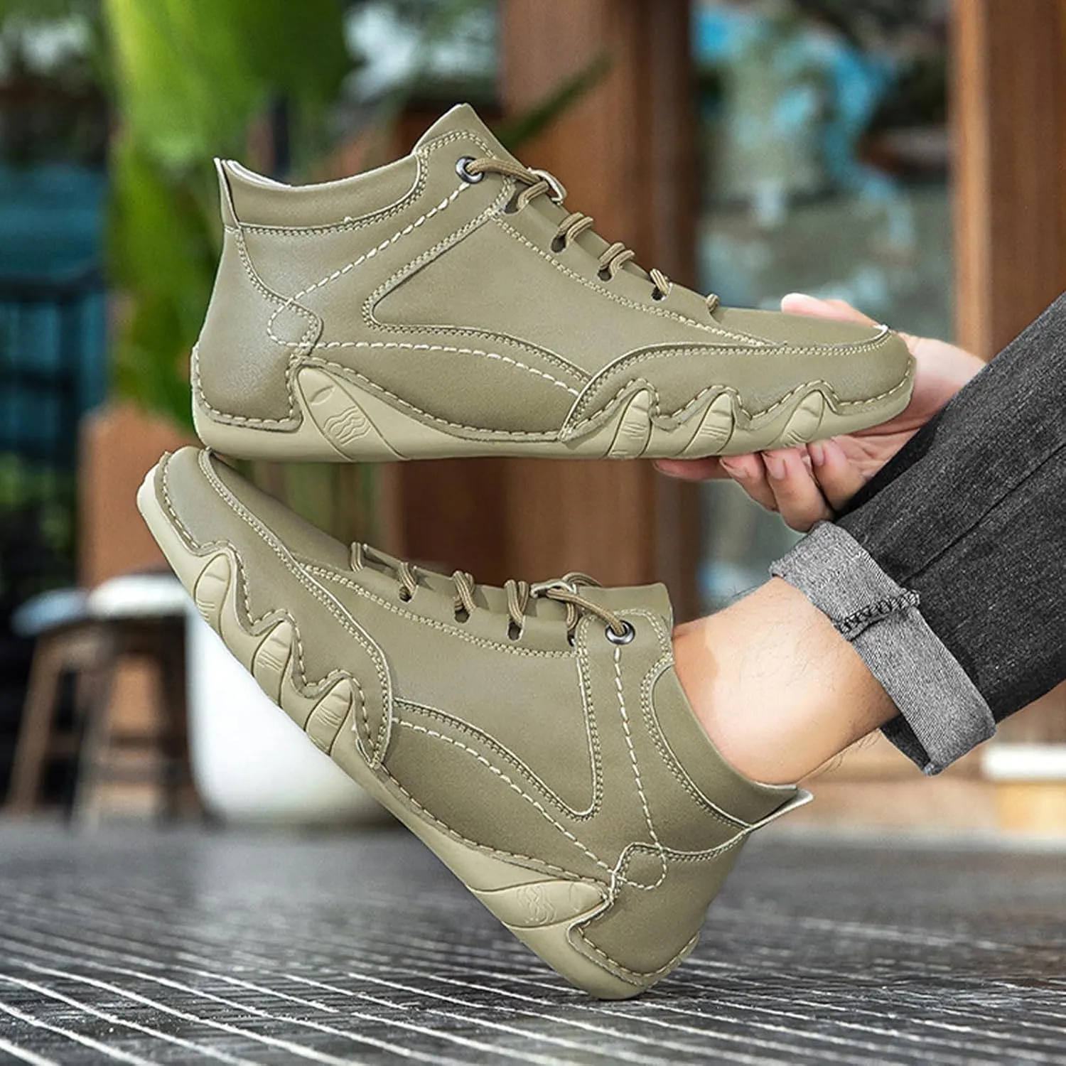 Mens Leather Hand Sewn Casual Chukka Ankle Boots Classic Round Toe Lace Up High Top Work Driving Sneakers Daily Lightweight Non-Slip Walking Shoes