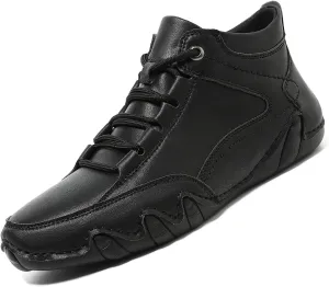 Mens Leather Hand Sewn Casual Chukka Ankle Boots Classic Round Toe Lace Up High Top Work Driving Sneakers Daily Lightweight Non-Slip Walking Shoes
