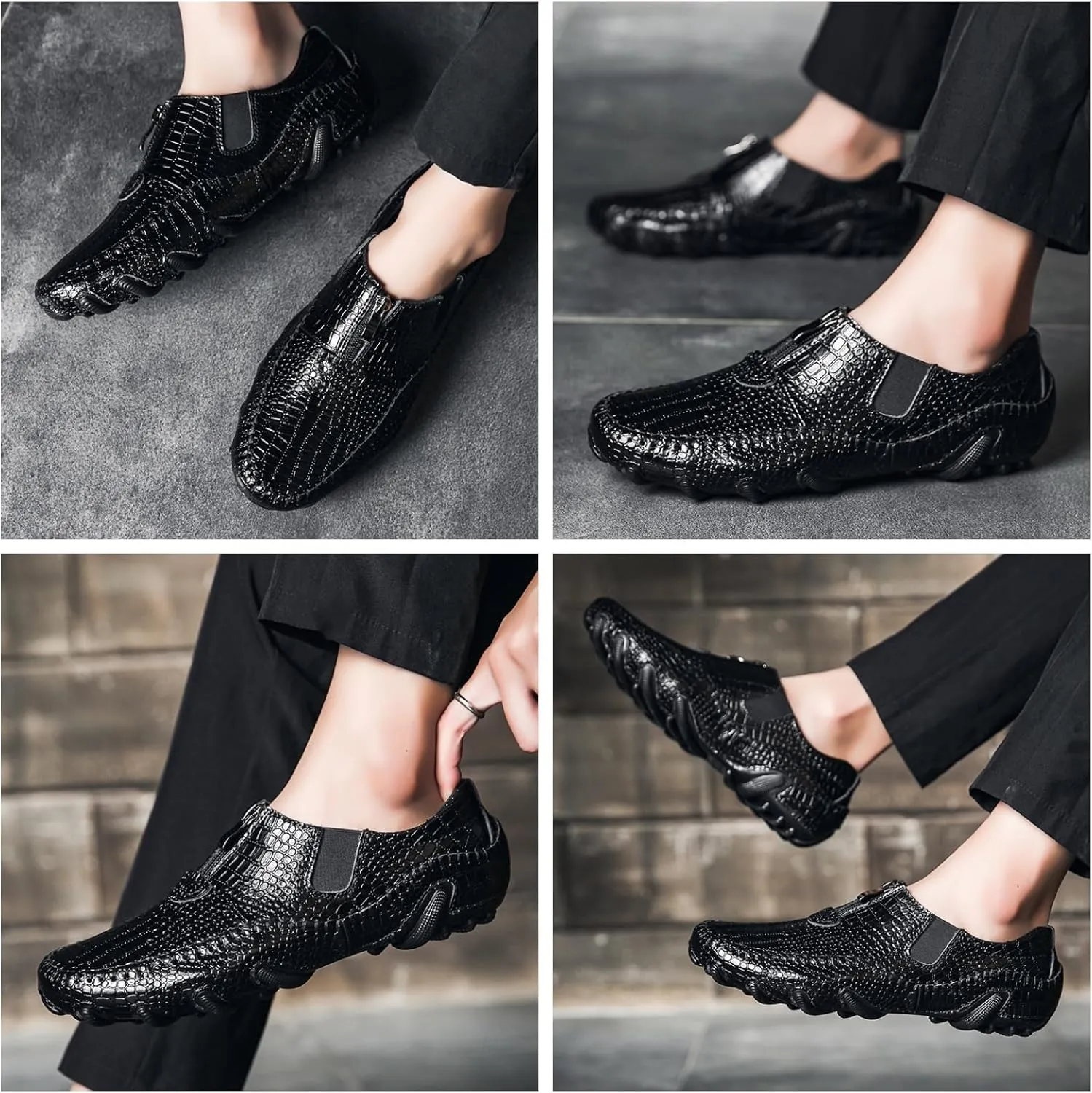 Men's Leather Loafers Slip On Shoes with Elastic & Zipper Design - Alligator Pattern Comfort Walking Driving Moccasins Anti-Slip Sole Business Casual Dress Shoes for Men