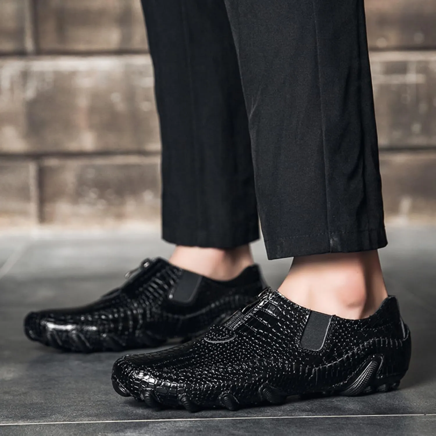 Men's Leather Loafers Slip On Shoes with Elastic & Zipper Design - Alligator Pattern Comfort Walking Driving Moccasins Anti-Slip Sole Business Casual Dress Shoes for Men