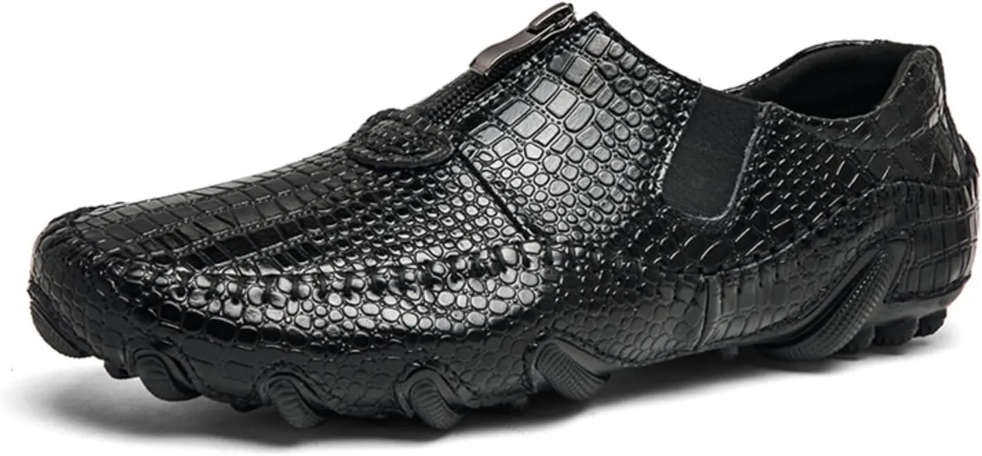 Men's Leather Loafers Slip On Shoes with Elastic & Zipper Design - Alligator Pattern Comfort Walking Driving Moccasins Anti-Slip Sole Business Casual Dress Shoes for Men