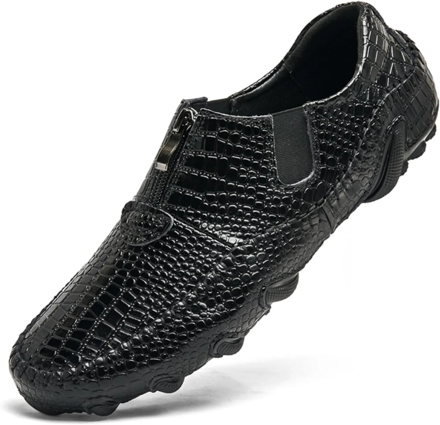 Men's Leather Loafers Slip On Shoes with Elastic & Zipper Design - Alligator Pattern Comfort Walking Driving Moccasins Anti-Slip Sole Business Casual Dress Shoes for Men