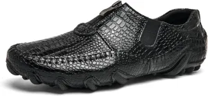 Men's Leather Loafers Slip On Shoes with Elastic & Zipper Design - Alligator Pattern Comfort Walking Driving Moccasins Anti-Slip Sole Business Casual Dress Shoes for Men