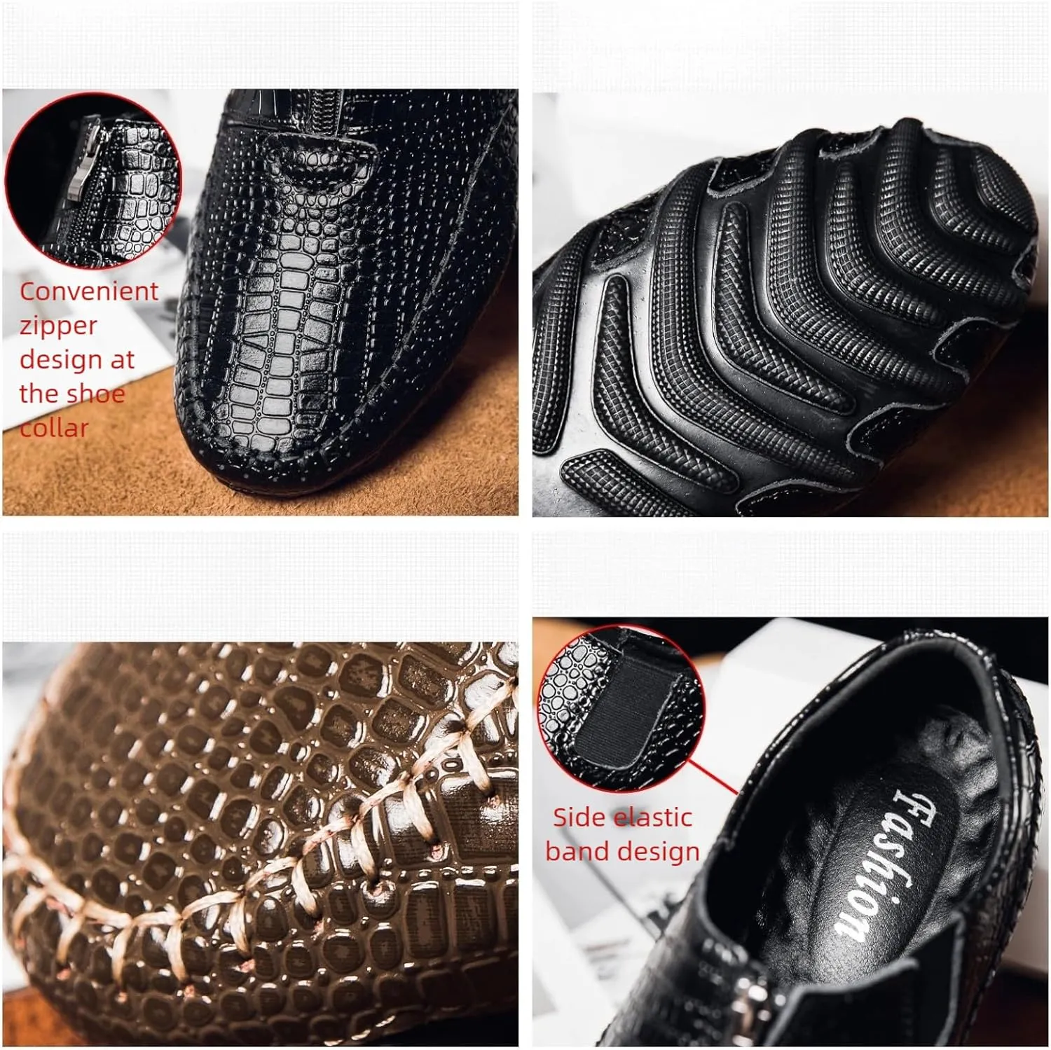 Men's Leather Loafers Slip On Shoes with Elastic & Zipper Design - Alligator Pattern Comfort Walking Driving Moccasins Anti-Slip Sole Business Casual Dress Shoes for Men