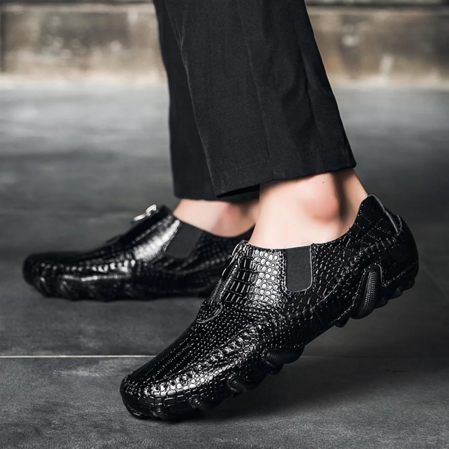 Men's Leather Loafers Slip On Shoes with Elastic & Zipper Design - Alligator Pattern Comfort Walking Driving Moccasins Anti-Slip Sole Business Casual Dress Shoes for Men