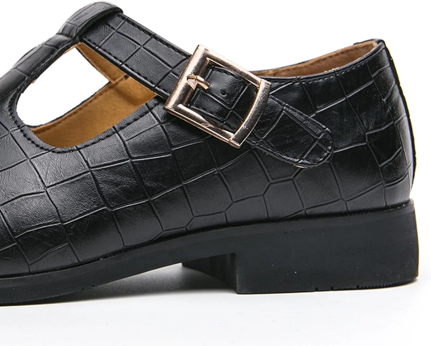 Men's Leather Loafers T-Strap Black Slip-on Loafers Crocodile Pattern Dress Shoes with Buckle Closure Formal Loafer for Men