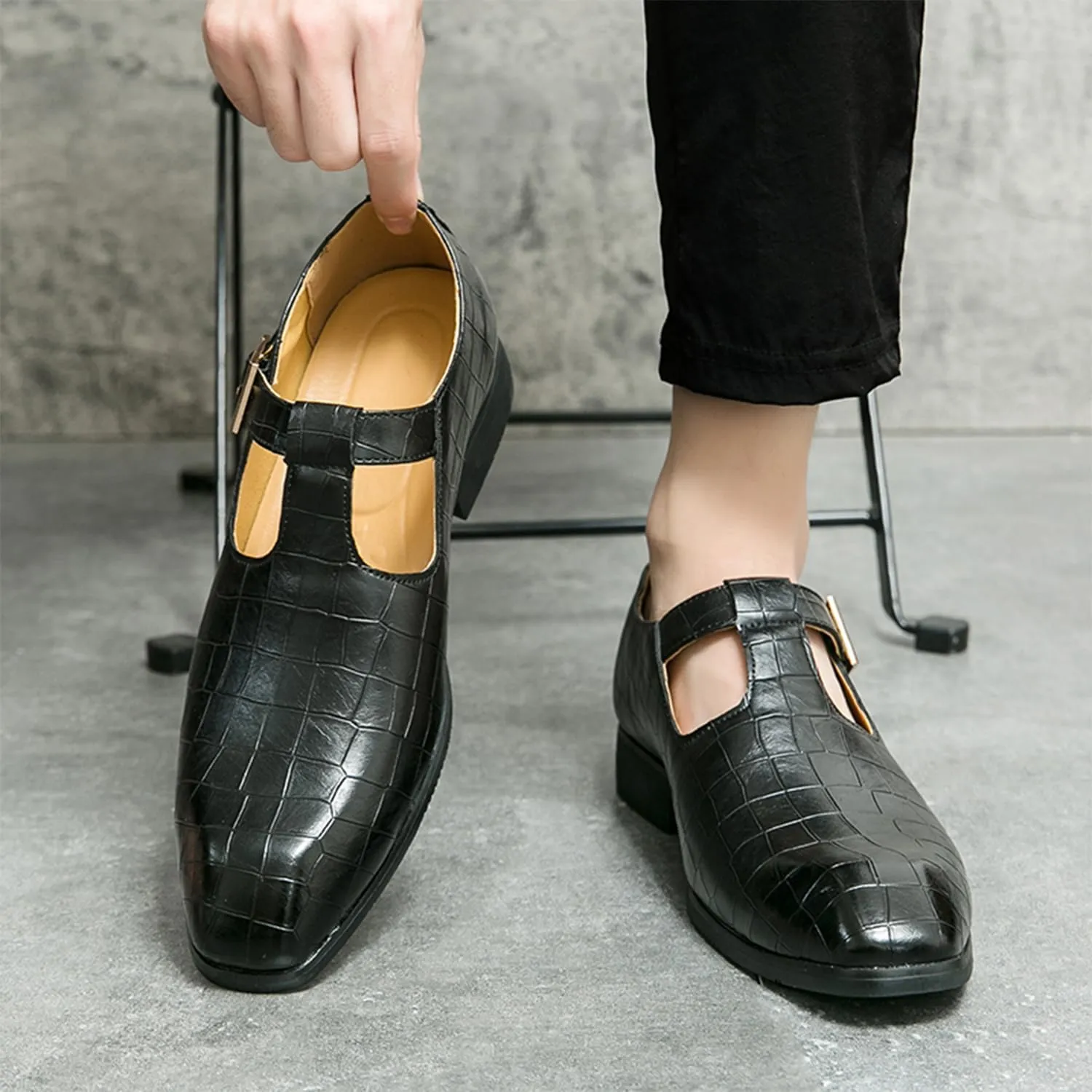 Men's Leather Loafers T-Strap Black Slip-on Loafers Crocodile Pattern Dress Shoes with Buckle Closure Formal Loafer for Men