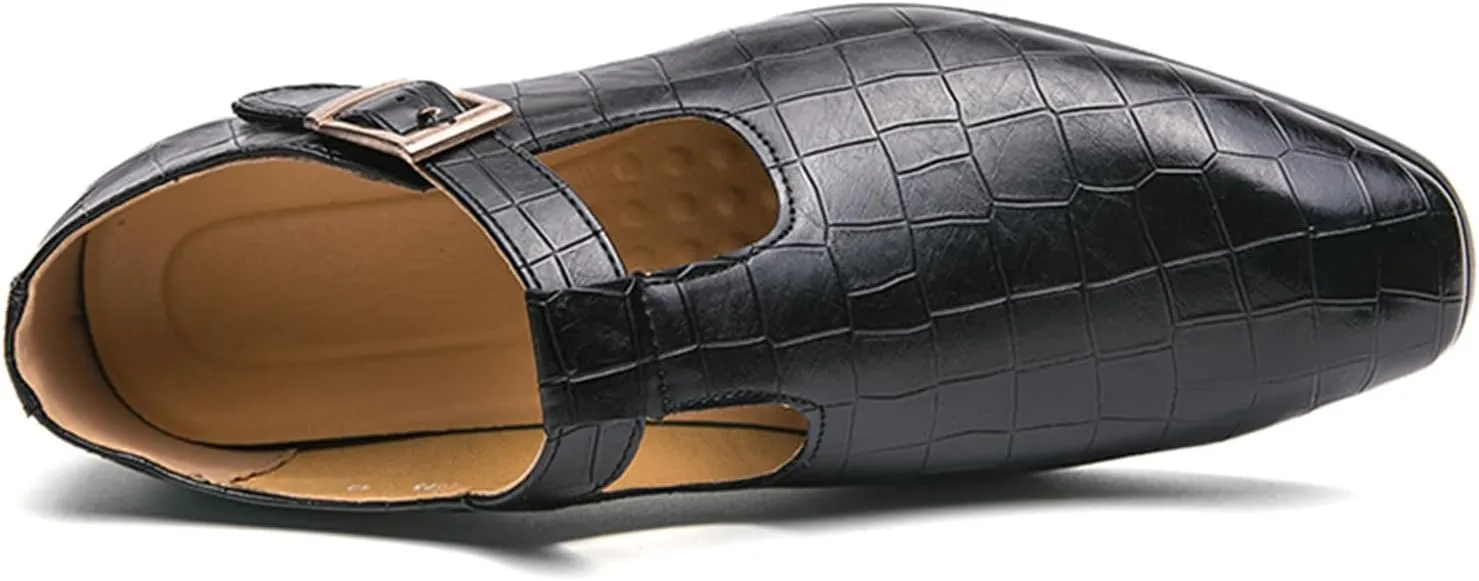Men's Leather Loafers T-Strap Black Slip-on Loafers Crocodile Pattern Dress Shoes with Buckle Closure Formal Loafer for Men
