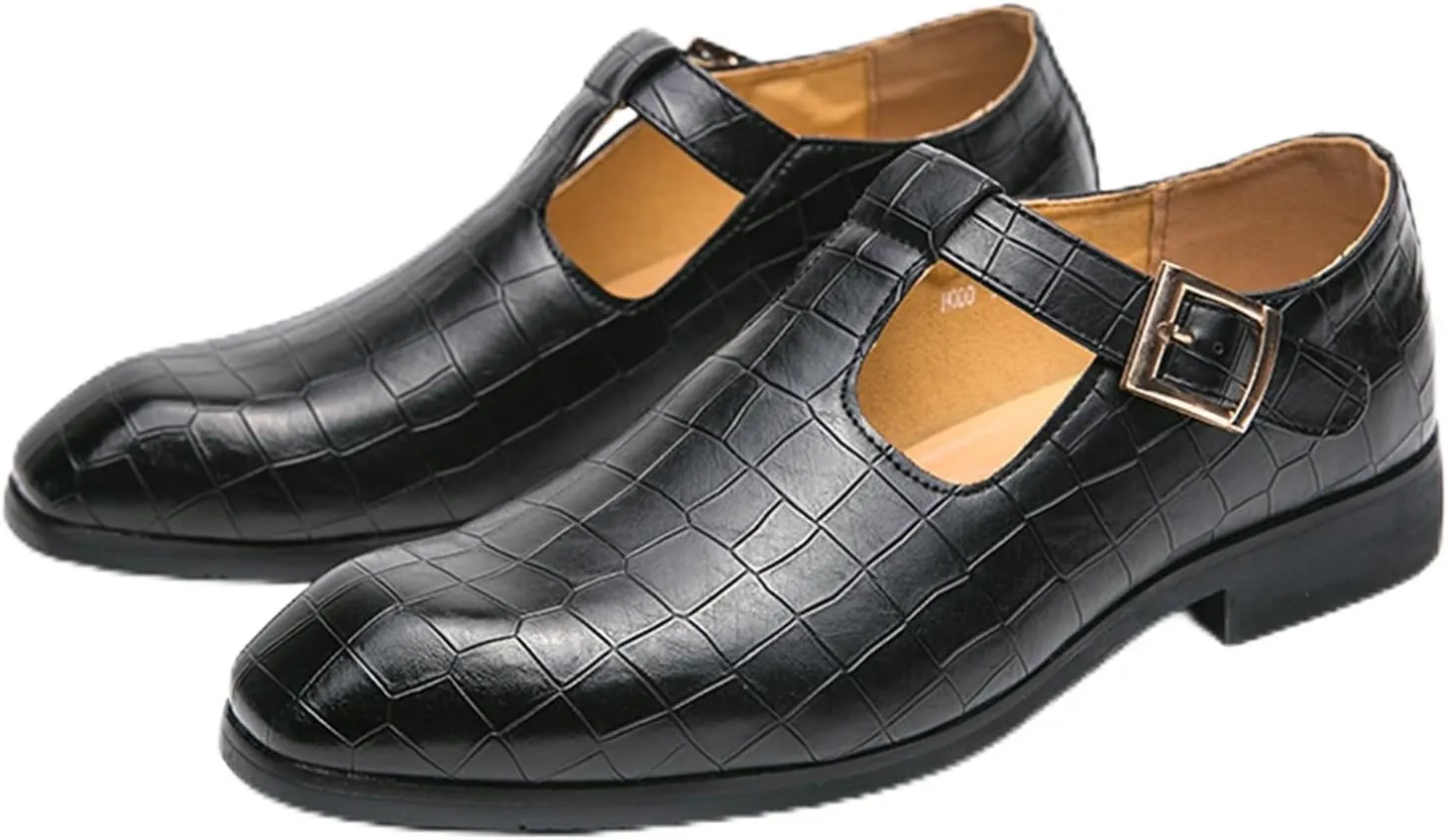 Men's Leather Loafers T-Strap Black Slip-on Loafers Crocodile Pattern Dress Shoes with Buckle Closure Formal Loafer for Men