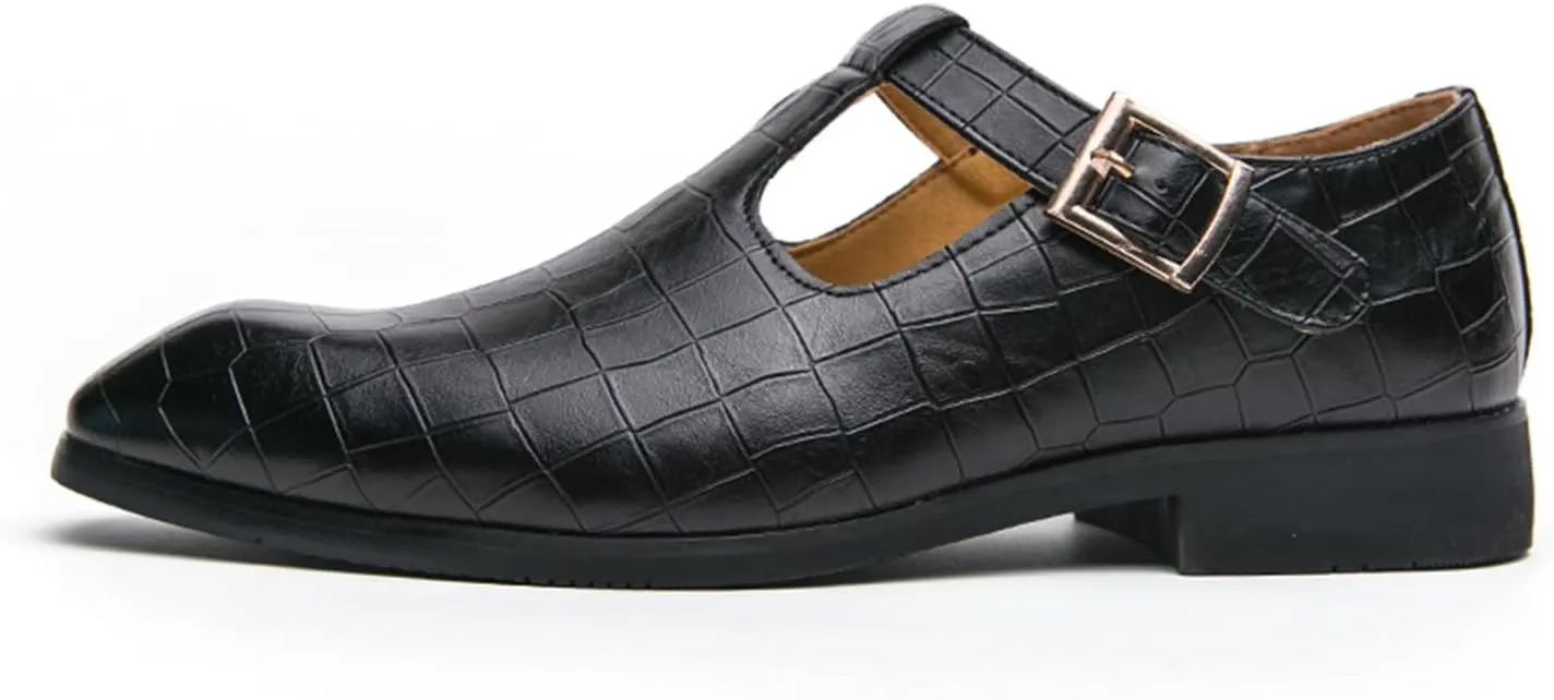 Men's Leather Loafers T-Strap Black Slip-on Loafers Crocodile Pattern Dress Shoes with Buckle Closure Formal Loafer for Men