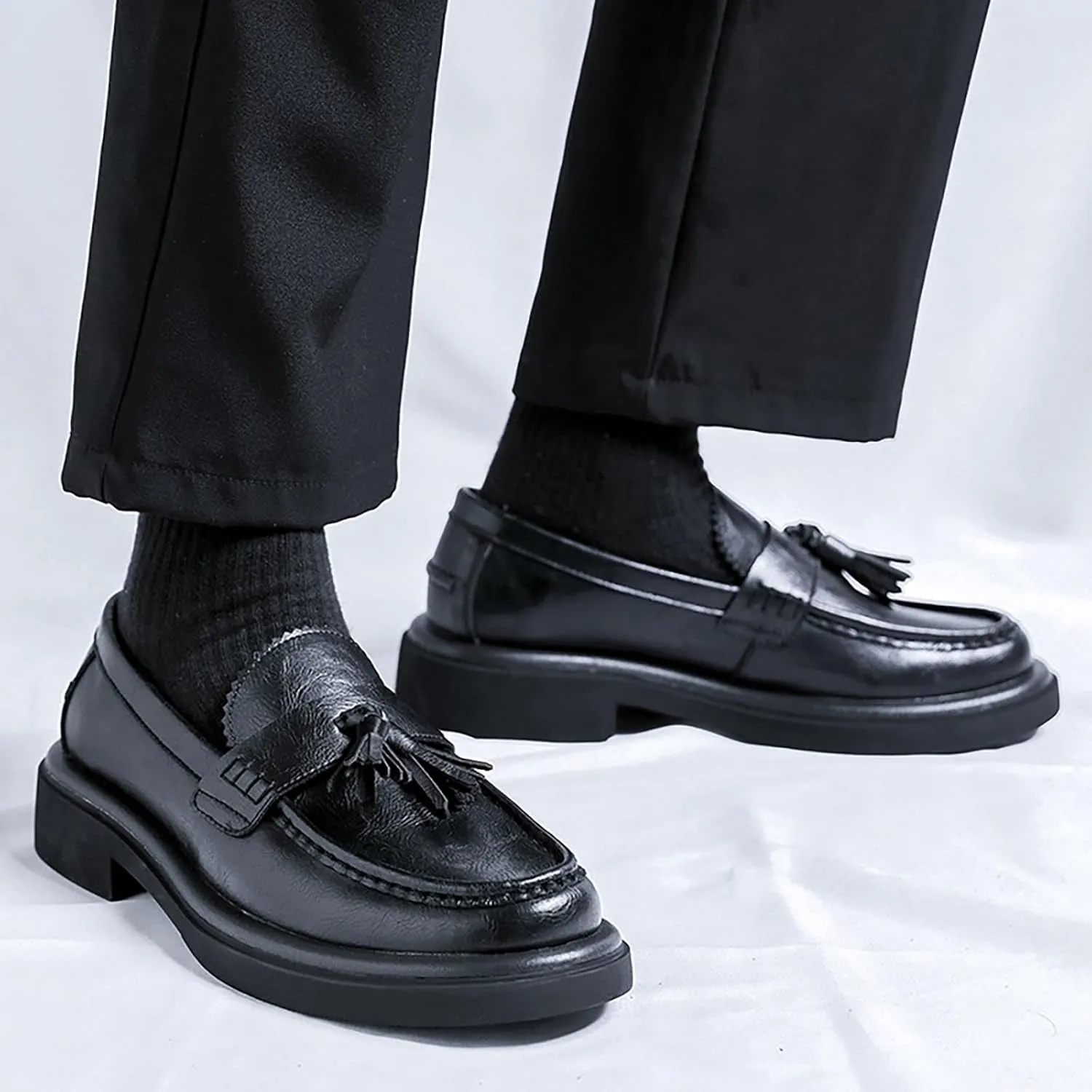 Men's Leather Tassel Loafers Shoes - Platform Penny Slip-On Dress Shoes with Round Toe, Non-Slip Sole for Business Office Work