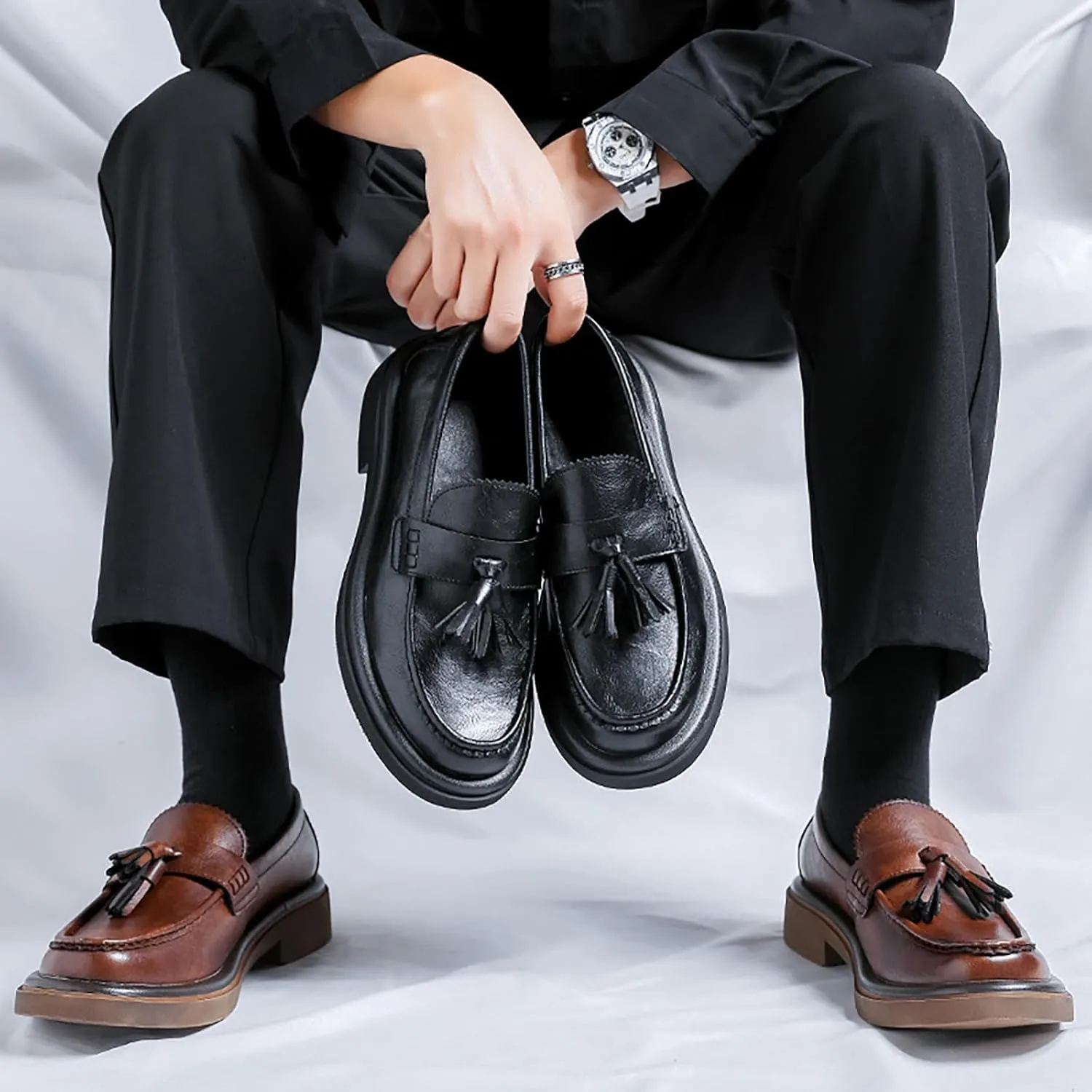 Men's Leather Tassel Loafers Shoes - Platform Penny Slip-On Dress Shoes with Round Toe, Non-Slip Sole for Business Office Work