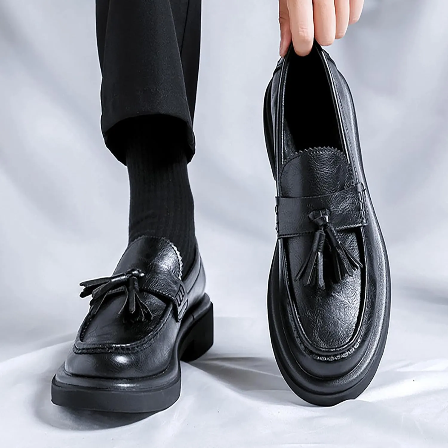 Men's Leather Tassel Loafers Shoes - Platform Penny Slip-On Dress Shoes with Round Toe, Non-Slip Sole for Business Office Work