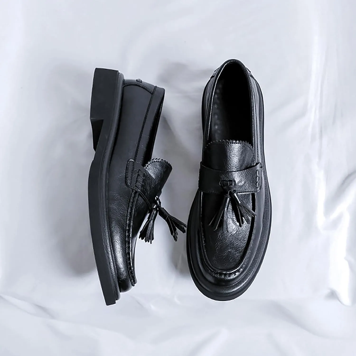 Men's Leather Tassel Loafers Shoes - Platform Penny Slip-On Dress Shoes with Round Toe, Non-Slip Sole for Business Office Work