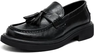 Men's Leather Tassel Loafers Shoes - Platform Penny Slip-On Dress Shoes with Round Toe, Non-Slip Sole for Business Office Work