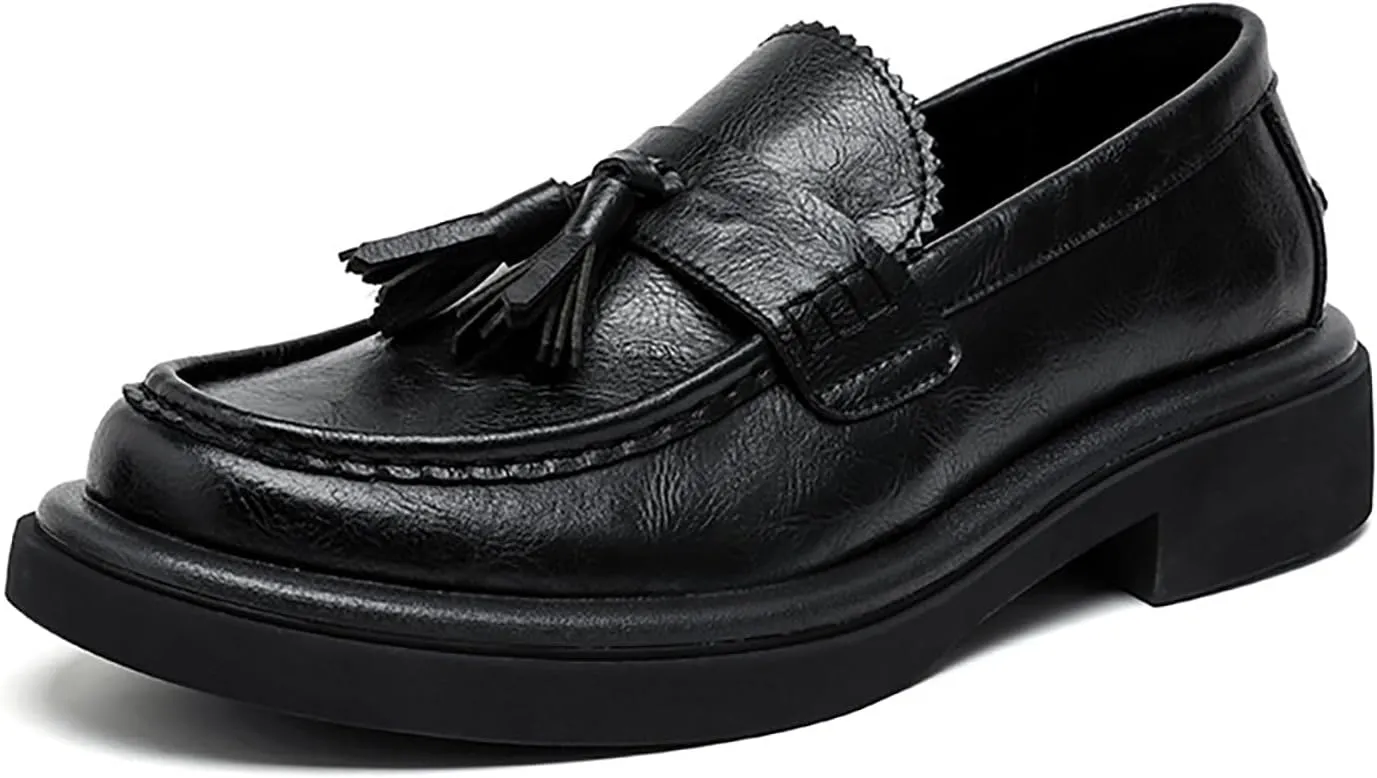 Men's Leather Tassel Loafers Shoes - Platform Penny Slip-On Dress Shoes with Round Toe, Non-Slip Sole for Business Office Work